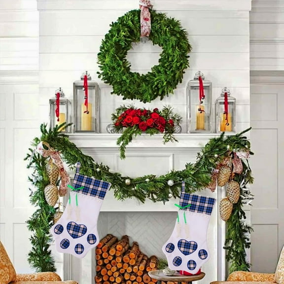 Christmas Stocking Decorations Dog Paw Bone Cat Meow Holiday Gift Bag Festive Hanging Decor for Fireplace