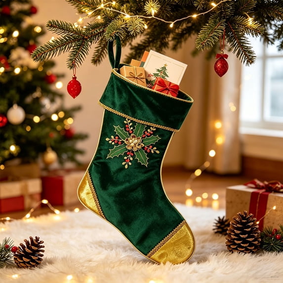 Christmas Stocking Embroidered Holly Berry Fabric Lace Edging for Family Holiday Mantel Fireplace Stair Tree Wall Door Christmas Party Decorations by MPOISVA