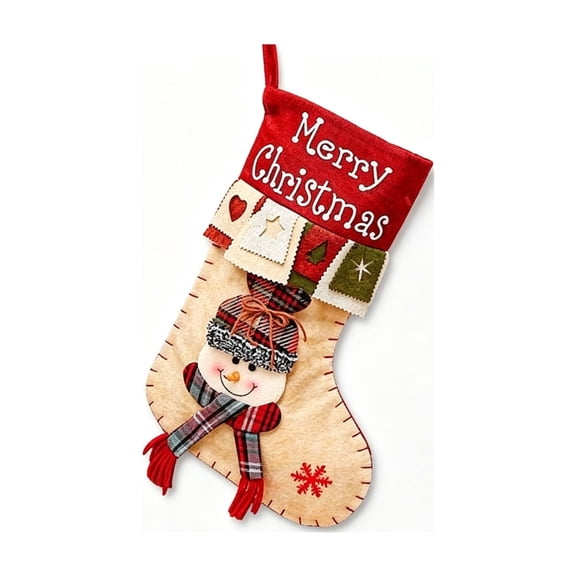 Christmas Stocking Gift Bag, Santa Snowman Reindeer Large Xmas Stocking Ornament with Plaid Patchwork, Holiday Hanging Decor for Fireplace Tree Wall