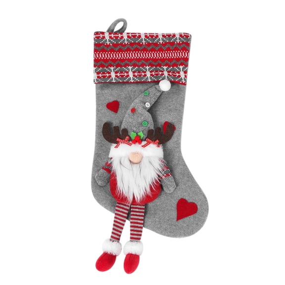 Christmas Stocking Gift Bag with Faceless Lovers Doll Fireplace Decor Gray Cloth 1 Pack
