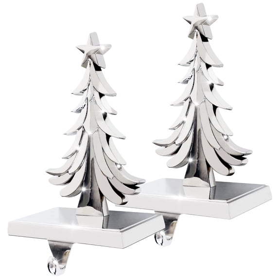Christmas Stocking Holder 2 Pack, Guardwee Heavy Duty Christmas Stocking Holder Non-Slip Stocking Hangers for Fireplace - Christmas Tree Shape Metal Hook Xmas Decor for Home, Silver
