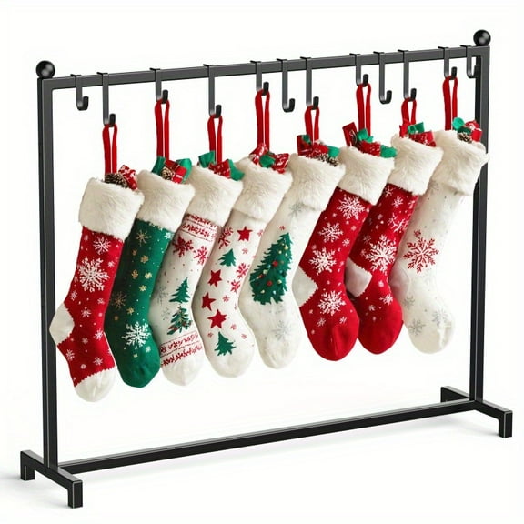 Christmas Stocking Holder, Free Standing Stocking Rack with 12 Removable Hooks, Small Stocking Stand, Heavy Duty Metal Tubes with Stable Base and Adjustable Feet, Black
