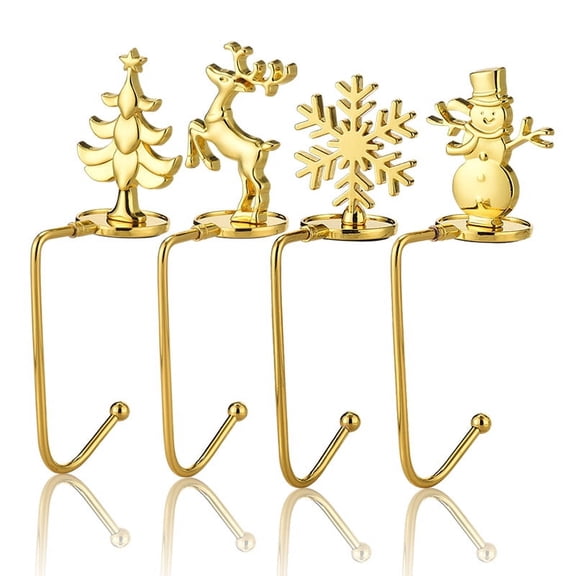 Christmas Stocking Holder Hooks for Mantel Set of 4, Snowflake Reindeer Snowman Stocking Holder Hanger Hook for Fireplace Mantel Xmas Decorations Ornaments