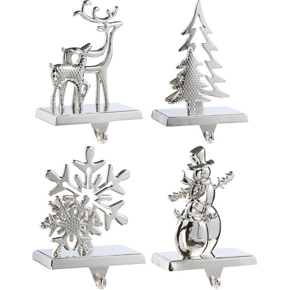 Christmas Stocking Holder - Set of 4 Bronze Stocking Hangers with Snowman, Santa, Snowflakes, Christmas Tree, and Deer Designs - Christmas Stocking Hooks for Fireplace, Shelf, Staircases