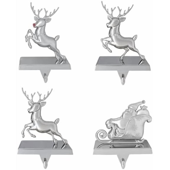Christmas Stocking Holder Set of 4 - Santas Sleigh Rudolph The Red Nose Reindeer Christmas Decorations Decorative Metal Hanger for Stockings Holiday Mantle Decor