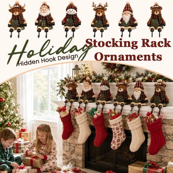 Christmas Stocking Holder Shelf Sitters - Highland Cow with Plaid Scarf, Farmhouse Mantel Decor, Fireplace Christmas Decorations, Cute Christmas Gifts for Women