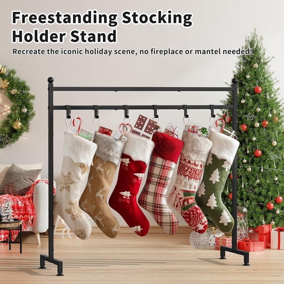 Christmas Stocking Holder Stand with 8 Hooks, Heavy Duty Freestanding Christmas Stocking Stand for Floor, Metal Holiday Decor Hanger Display for Fireplace Xmas Holiday Decoration