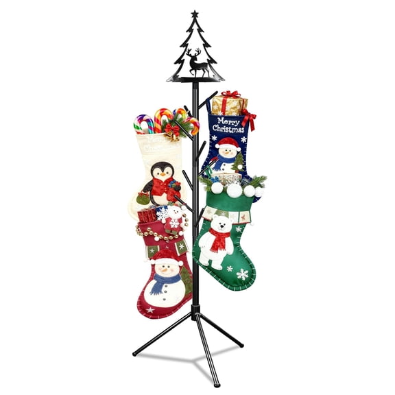 Christmas Stocking Holder Stand for Floor, 53" Tree-Shaped Freestanding Stocking Rack Holders with 8 Hangers for Scarf Belt Hat Purse Xmas Holiday Decor