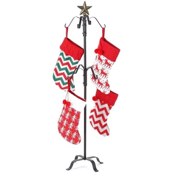 Christmas Stocking Holder Stand for Floor, Free Standing 53H Christmas Stocking Hanger with 8 Hooks Cast Iron Star Top, Metal Heavy Duty Holiday Decor for Home Living Room