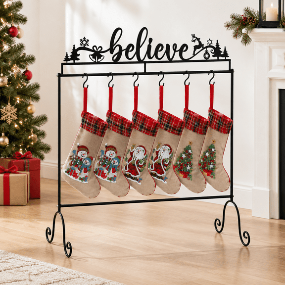 Christmas Stocking Holder Stand, Iron Floor Stocking Rack with 6 Hooks for Holiday Decor