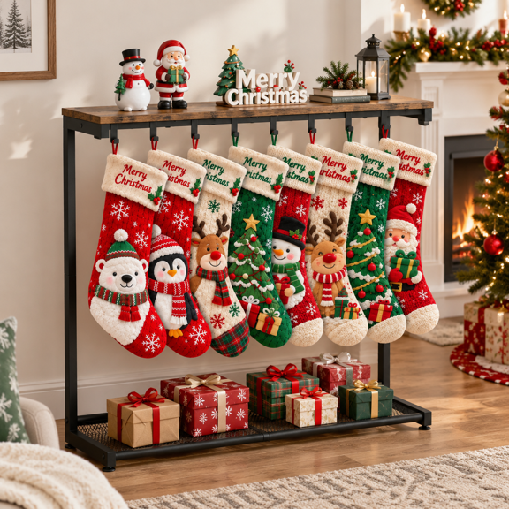 Christmas Stocking Holder Stand with Dual Storage Shelves and 8 Hooks