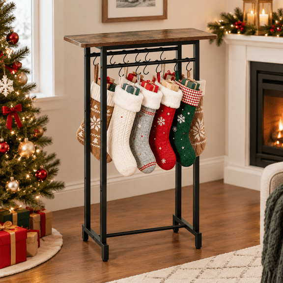 Christmas Stocking Holder Stand with Wood Shelf and 12 S Hooks, Freestanding Holiday Rack
