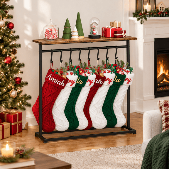 Christmas Stocking Holder Stand with Wood Top, 8 Removable Hooks, Freestanding Holiday Display