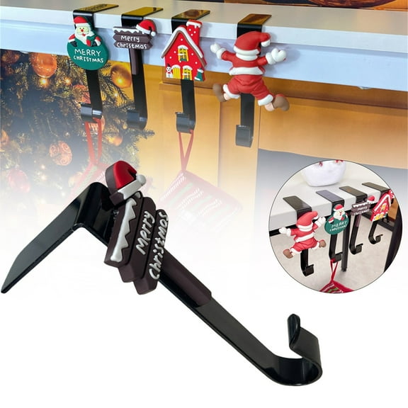 Christmas Stocking Holders For Mantle - No-Nail Fireplace Hooks With Festive Santa & House Designs