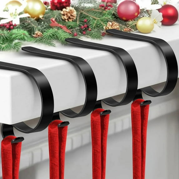 Christmas Stocking Holders for Mantel,4 Pack Stocking Holder Hangers for Mantel Fireplace with Adjustable Design,Lightweight Stockings Hook for Christmas Decorations,Black