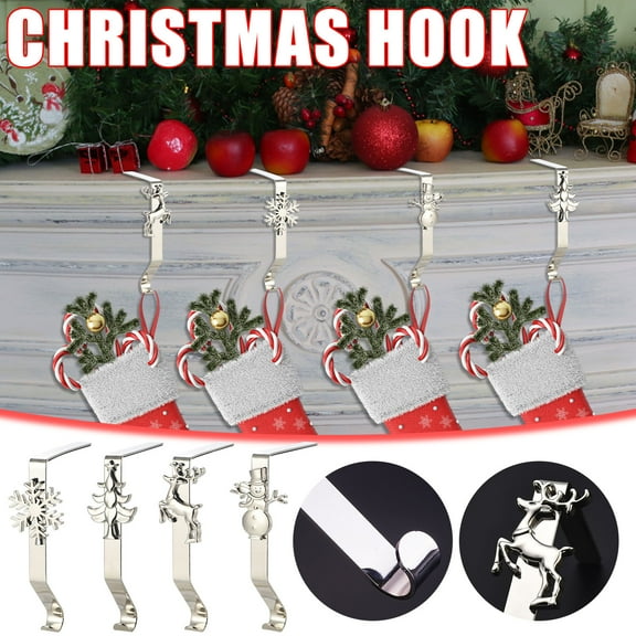 Christmas Stocking Holders for Mantle, Christmas Stocking Silver Holders for Fireplace, Stocking Hangers for Mantel, Snowflake Reindeer Tree Santa Stocking Hooks for Christmas Decor