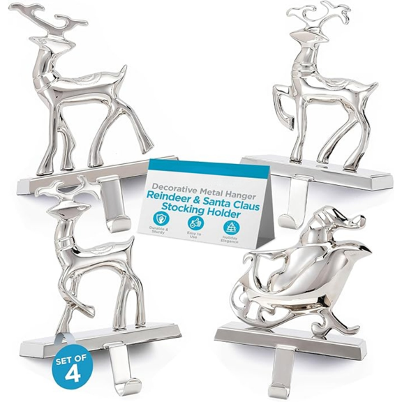Christmas Stocking Holders for Mantle - Weighted Metal Hanger for Stockings & Holiday Decor - Metal Hook for Fireplace, Staircase & Shelf - Non-Scratch Base - Reindeer & Santa Claus