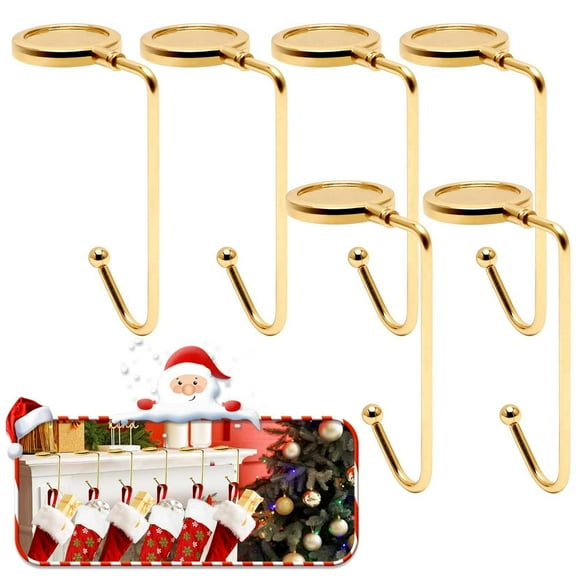 Christmas Stocking Holders for Mantle, 6 Pack Mantel Stocking Hangers Metal Hooks for Fireplace Christmas Xmas Party Decoration (Gold)