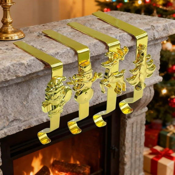 Christmas Stocking Holders for Mantle Set of 4, Weighted Stocking Hangers for Mantel Fireplace, Stocking Hooks for Xmas Decoration(Gold)
