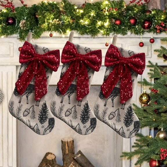 Christmas Stocking, Holiday Decor, Christmas Beaded Bow Print Deer Stocking for Fireplace Mantel, Large 18 Inch Cloth Stocking for Gift Holding, Gray Color