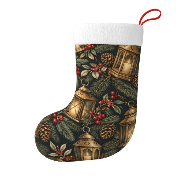 Christmas Stocking, Holiday Tree Stocking with Hanging Loop for Mantel and Fireplace,Brass Lantern Christmas Pattern