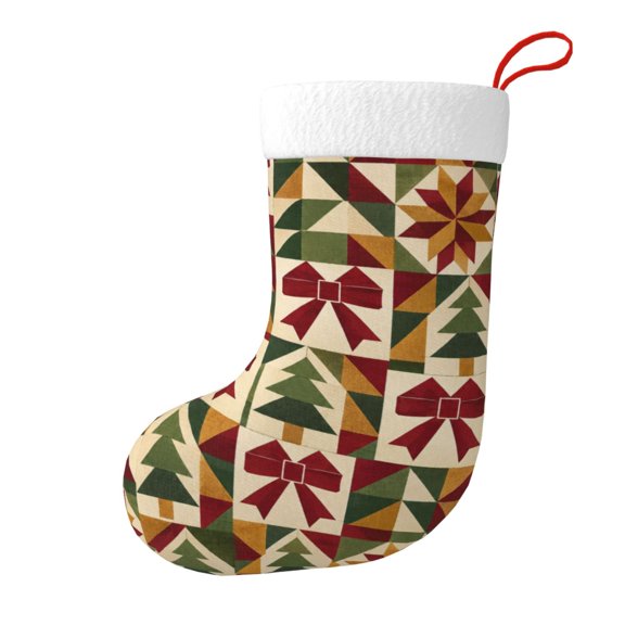 Christmas Stocking, Holiday Tree Stocking with Hanging Loop for Mantel and Fireplace,Quilted Bow Christmas Pattern