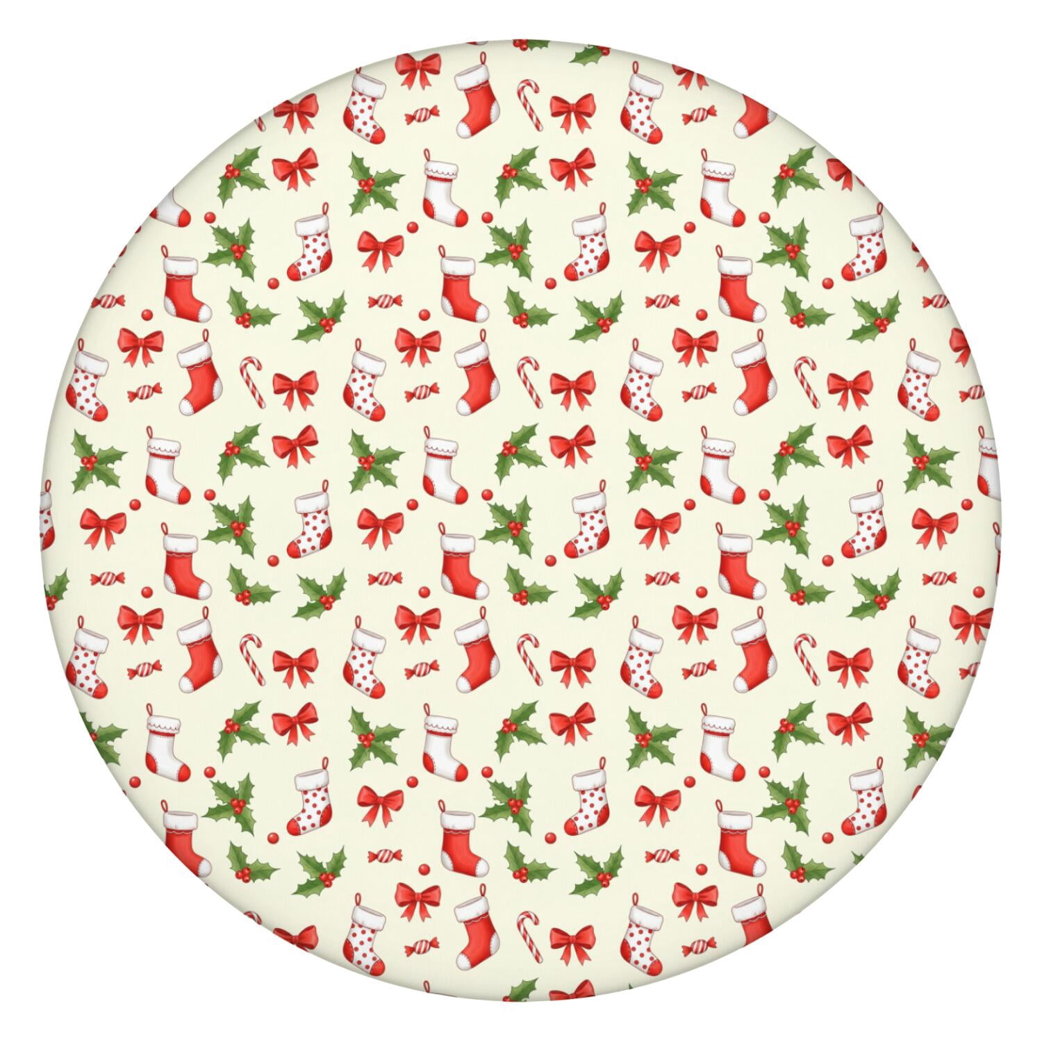 Christmas Stocking Holly Bow Beige Pattern Round Elastic Tablecloth, 45 ...