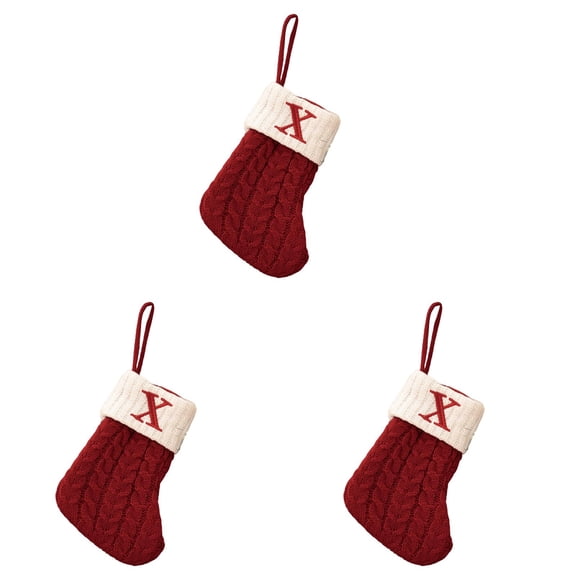 Christmas Stocking with Initial X 7 Inch, Small Embroidered Letter Cable Knit Stocking for Tree Fireplace Decor, Red Mini Alphabet Stocking for Family Holiday Season Home Display, 3 Pack