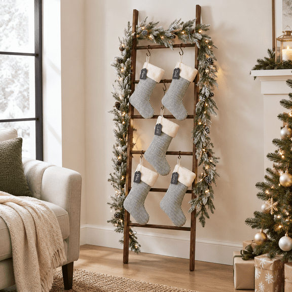 Christmas Stocking Ladder Decor with Hooks and LED Lights for Farmhouse Holiday Display