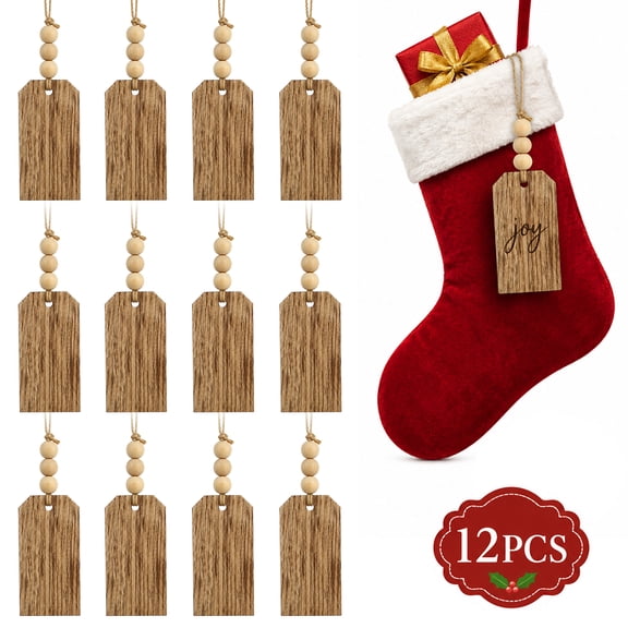 Christmas Stocking Name Tags Decoration DIY Personalized Blank Bead Wood Labels Farmhouse Xmas Stocking Hanging Tags for Party Supplies 12PCS Design 1
