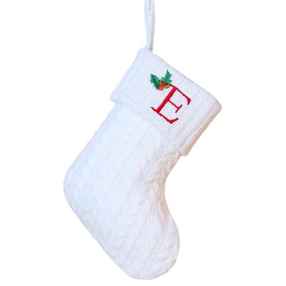 Christmas Stocking Ornament, Soft Cable Knit Cloth with Holly Embroidery and Hanging Loop, Monogram Decor for Christmas Tree, Fireplace Mantel and Gift Wrap, Letter E Monogram