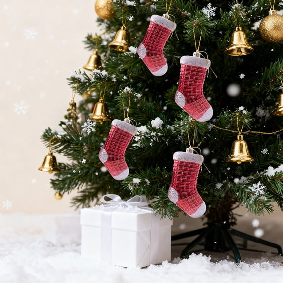 Christmas Stocking Ornaments, 3pack Glitter Cuff Hanging Decor, Red Grid Baubles