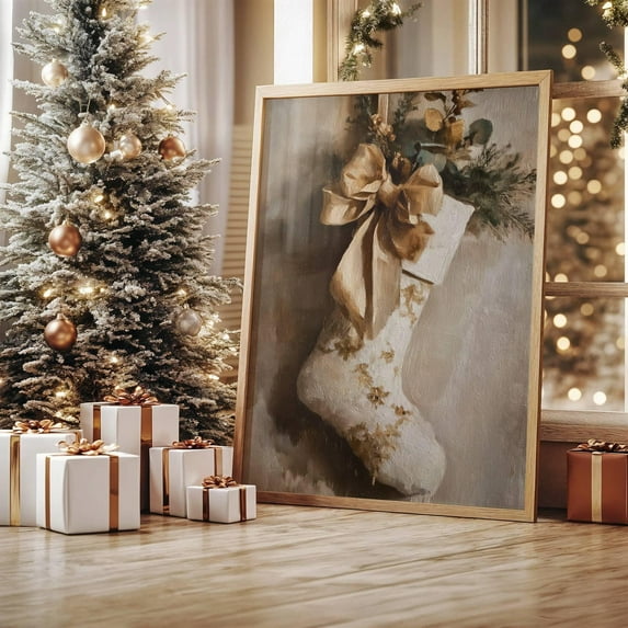 Christmas Stocking Painting, Rustic Christmas PRINT Wall Art, Vintage Style Christmas Golden Decor, Festive Victorian Stocking Art, 12x18 UNFRAMED