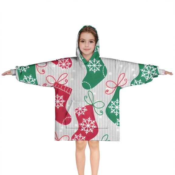 Christmas Stocking Pattern Blanket Hoodies for Kids 6-13YR Oversize Wearable Blanket Hoodies for Boys Girls Teens