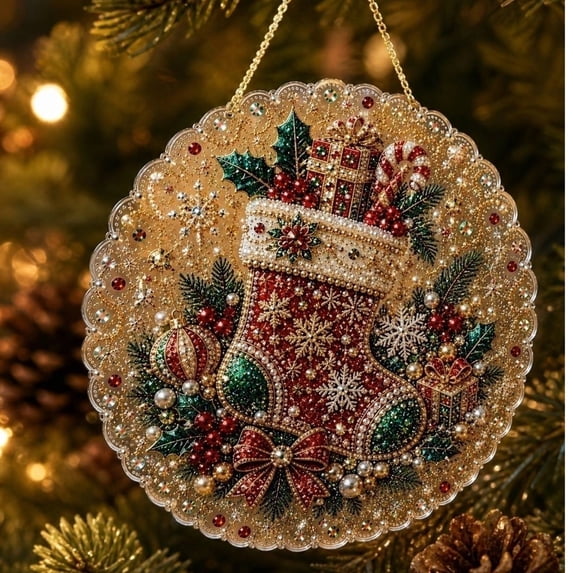 Christmas Stocking Pearl Art Kit for Adults Suncatcher Christmas Decorations DIY Pearl Diamond Painting with 2D Beads