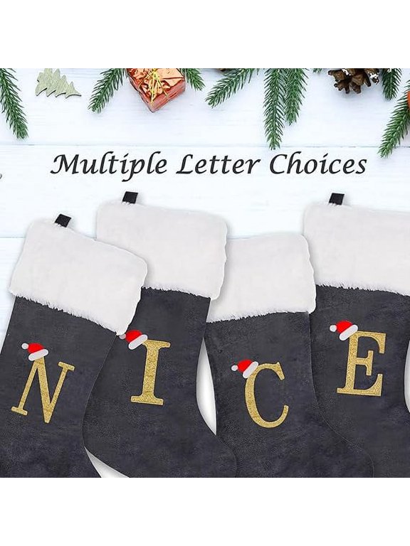 Christmas Stocking Personalized Monogram, 20 Inches Family Initial Xmas Stockings, Super Soft White Plush Cuff with Deluxe Grey Velvet Body and Gold Letter