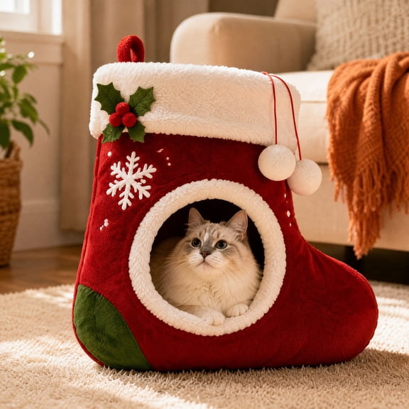 Christmas Stocking Pet Cave Hideaway Bed, Plush Enclosed Igloo Nest with Hanging Loop & Non-Slip Bottom, Warm Sleeping House for Kitten Small Dog Holiday Xmas Pet Gift