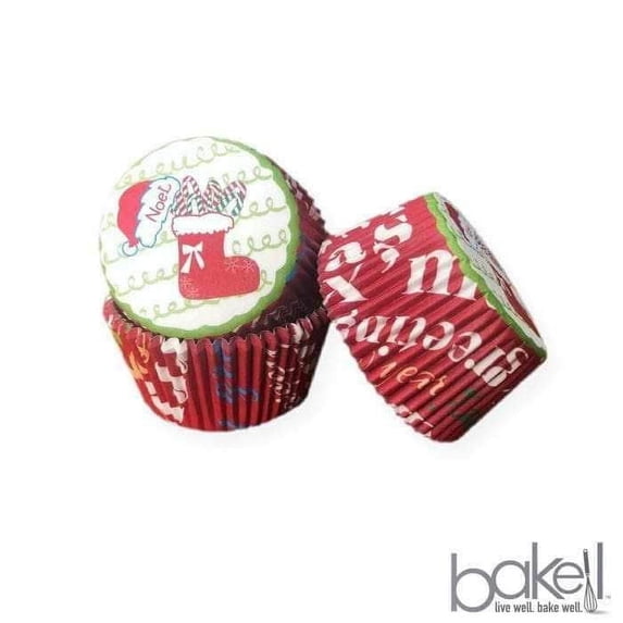 Bakell Christmas Stocking Print Red Cupcake Liners, Grease Resistant (25 Count)