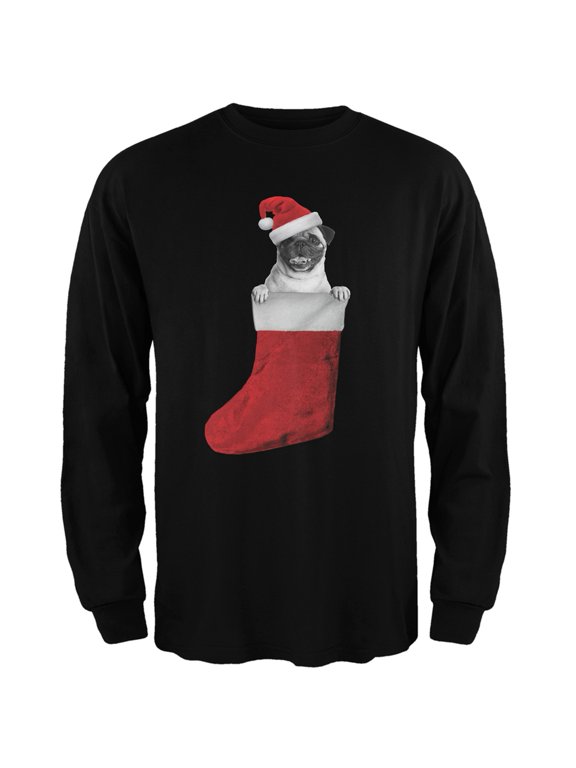 Christmas Stocking Pug Black Adult Long Sleeve T-Shirt