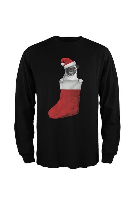 Christmas Stocking Pug Black Adult Long Sleeve T-Shirt