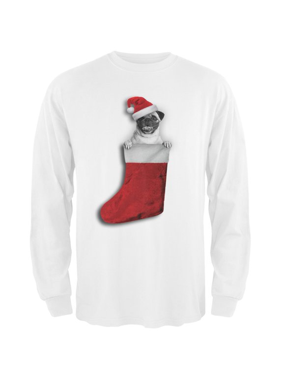 Christmas Stocking Pug White Adult Long Sleeve T-Shirt - Large