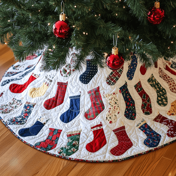 Christmas Stocking Quilted Tree Skirt, Christmas Tree Skirt, Holiday Tree Skirt, Christmas Tree Collar Cover, Christmas Gift BTO0001