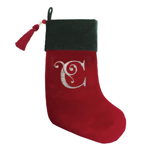 Christmas Stocking Red & Green Velvet With Tassel, Rhinestone Monogram (C)