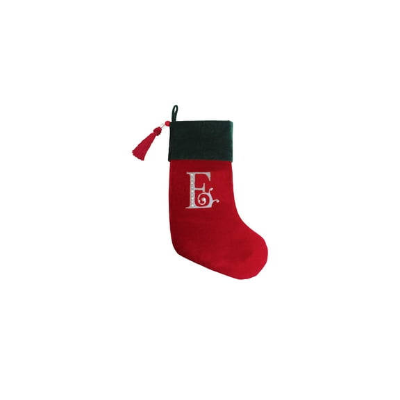 Christmas Stocking Red & Green Velvet w/Tassel, Rhinestone Monogram E