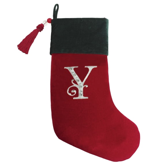 Christmas Stocking Red & Green Velvet With Tassel, Rhinestone Monogram (Y)