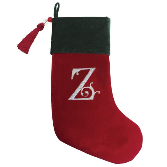 Christmas Stocking Red & Green Velvet With Tassel, Rhinestone Monogram (Z)