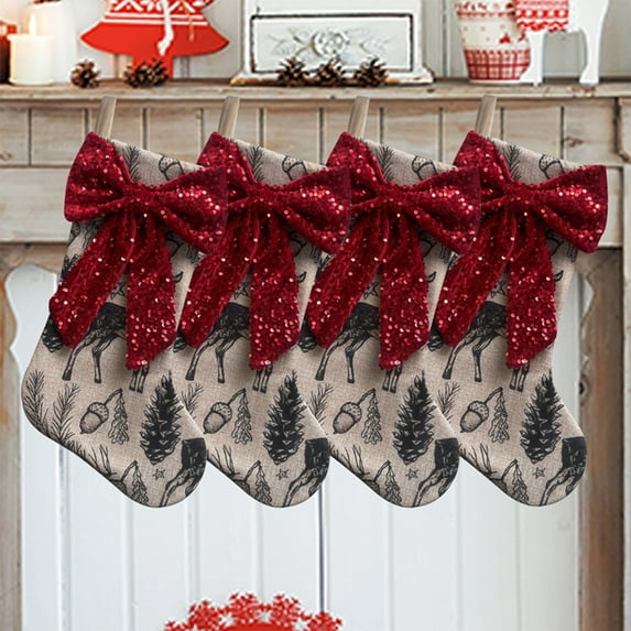 Christmas Stocking with Red Sequin Bow,Festive Holiday Decoration,Perfect for Mantels, Fireplaces, and Gift-Giving,Reindeer and Pinecone Design 18x10inch