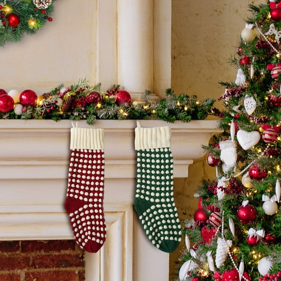 Christmas Stocking Set Polka Dots Mural, Holiday Stockings for Christmas Decorations, Family Gathering Stocking Stuffers, Knitted Stockings for Mantel Display and Front Door Welcome Sopatenor