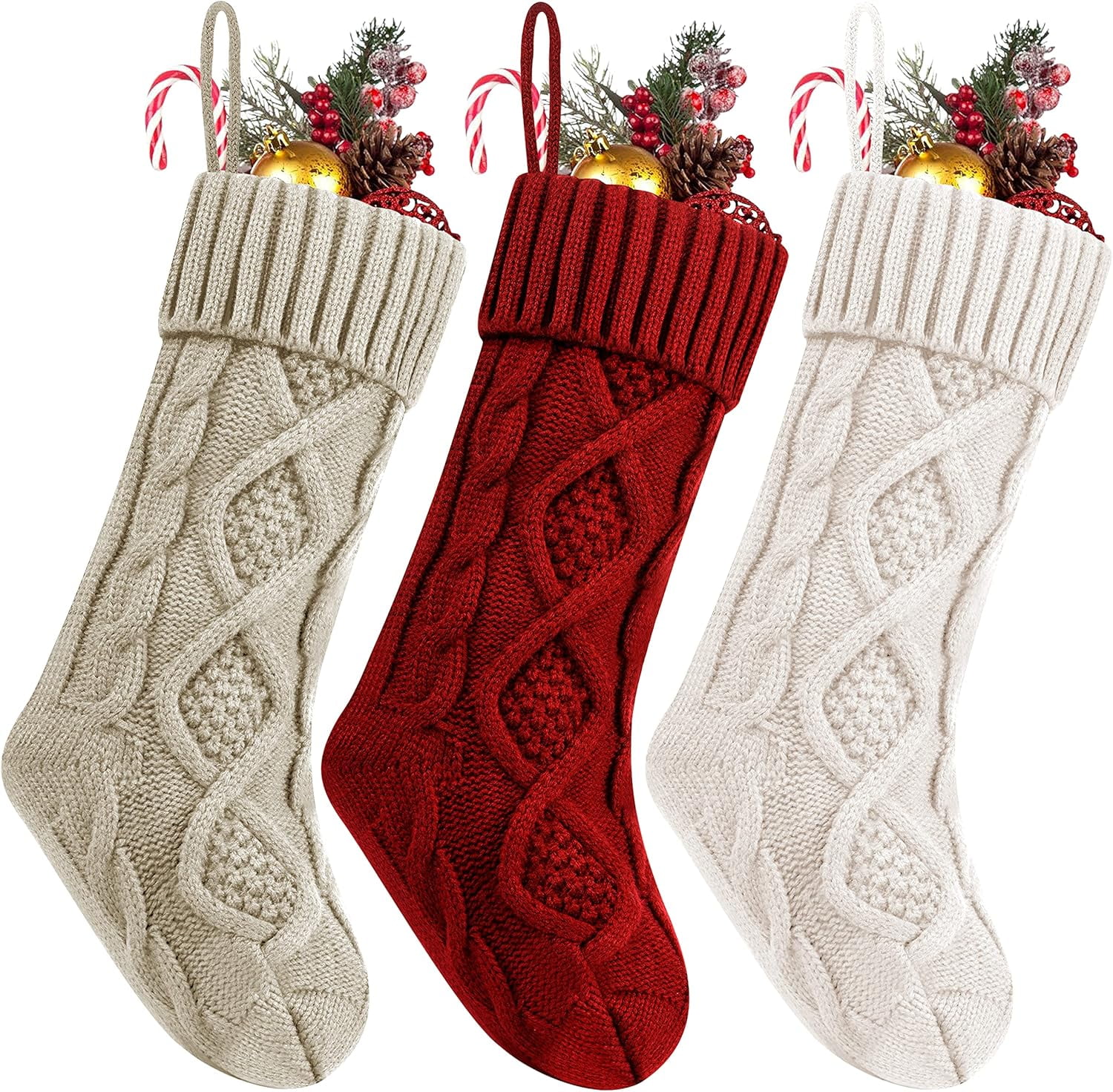 Christmas Stocking Sets 18 Inches Large Size Cable Knitted Stocking Gifts & Decorations for Family Holiday Xmas Party