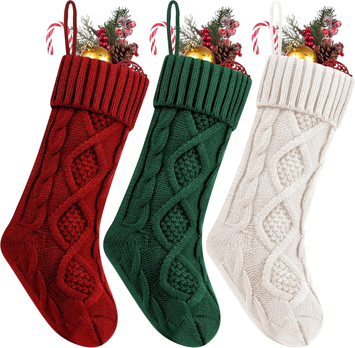 Christmas Stocking Sets 18 Inches Large Size Cable Knitted Stocking Gifts & Decorations for Family Holiday Xmas Party